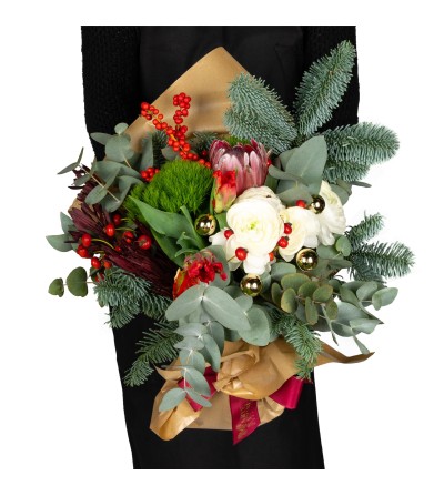 Bouquet natalizio (corto) con protee, tulipani e rose